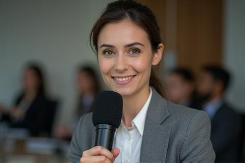 Person speaking into a microphone during media training